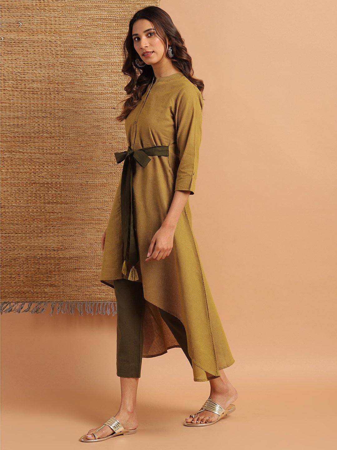 Green Cotton Checkered High Low Kurta
