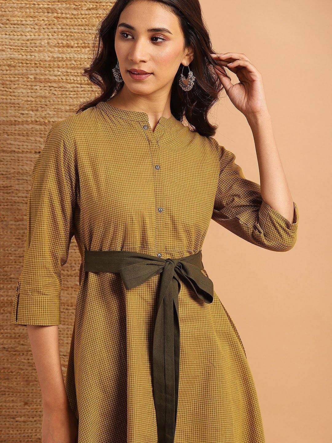 Green Cotton Checkered High Low Kurta