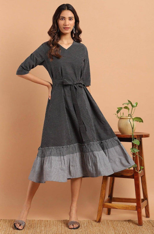 Black Cotton Striped Flared Western Dress