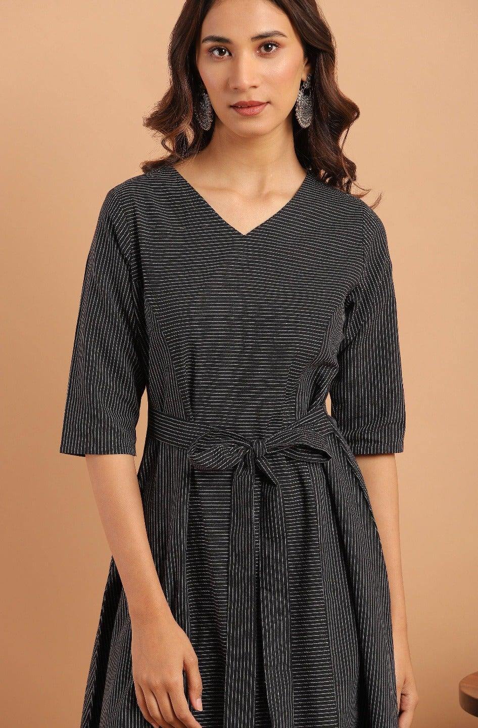 Black Cotton Striped Flared Western Dress