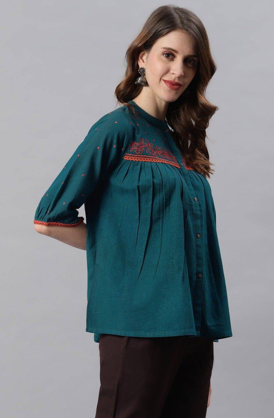 Teal Cotton Flex Embroidered Regular Top