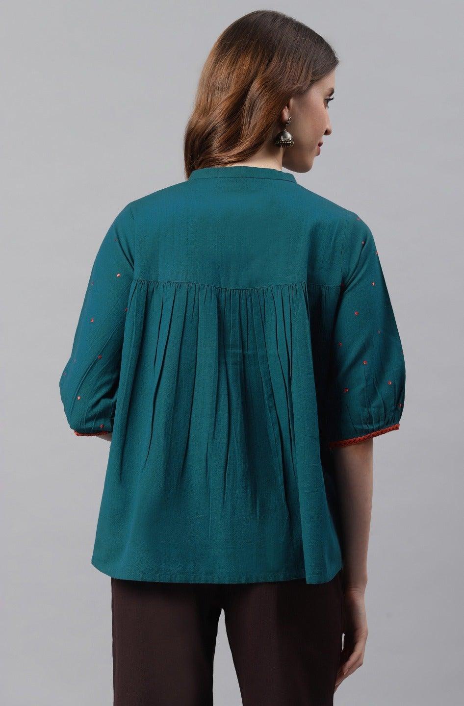 Teal Cotton Flex Embroidered Regular Top