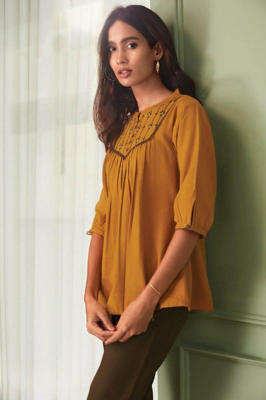 Mustard Cotton Flex Embroidered A-Line Top