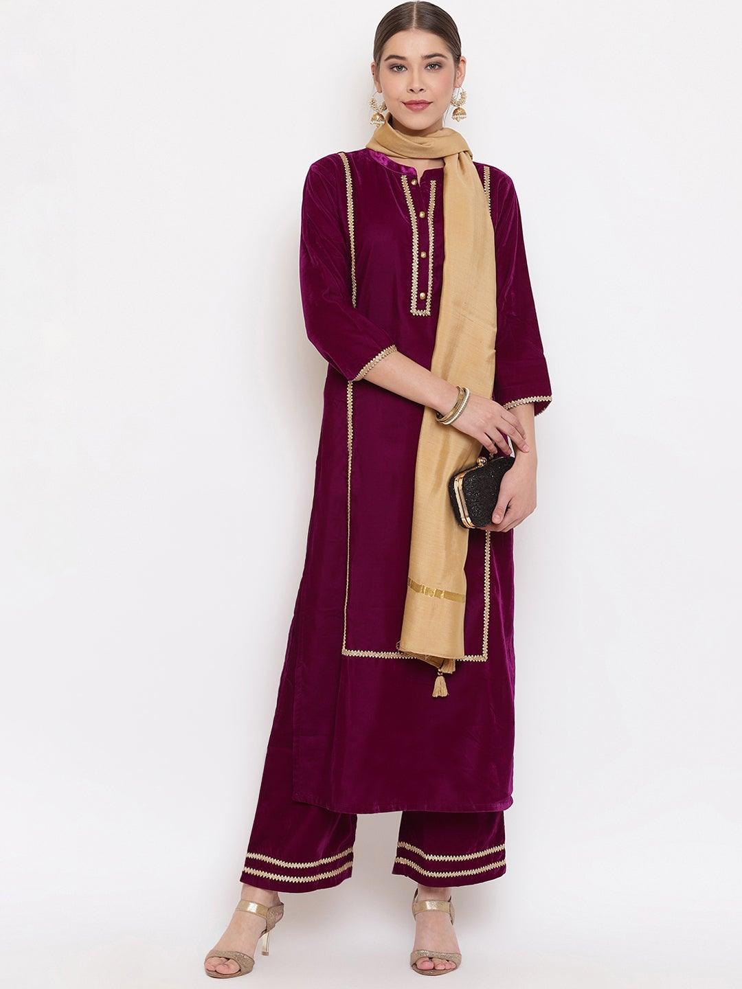 Purple Velvet Kurta With Palazzo and Dupatta