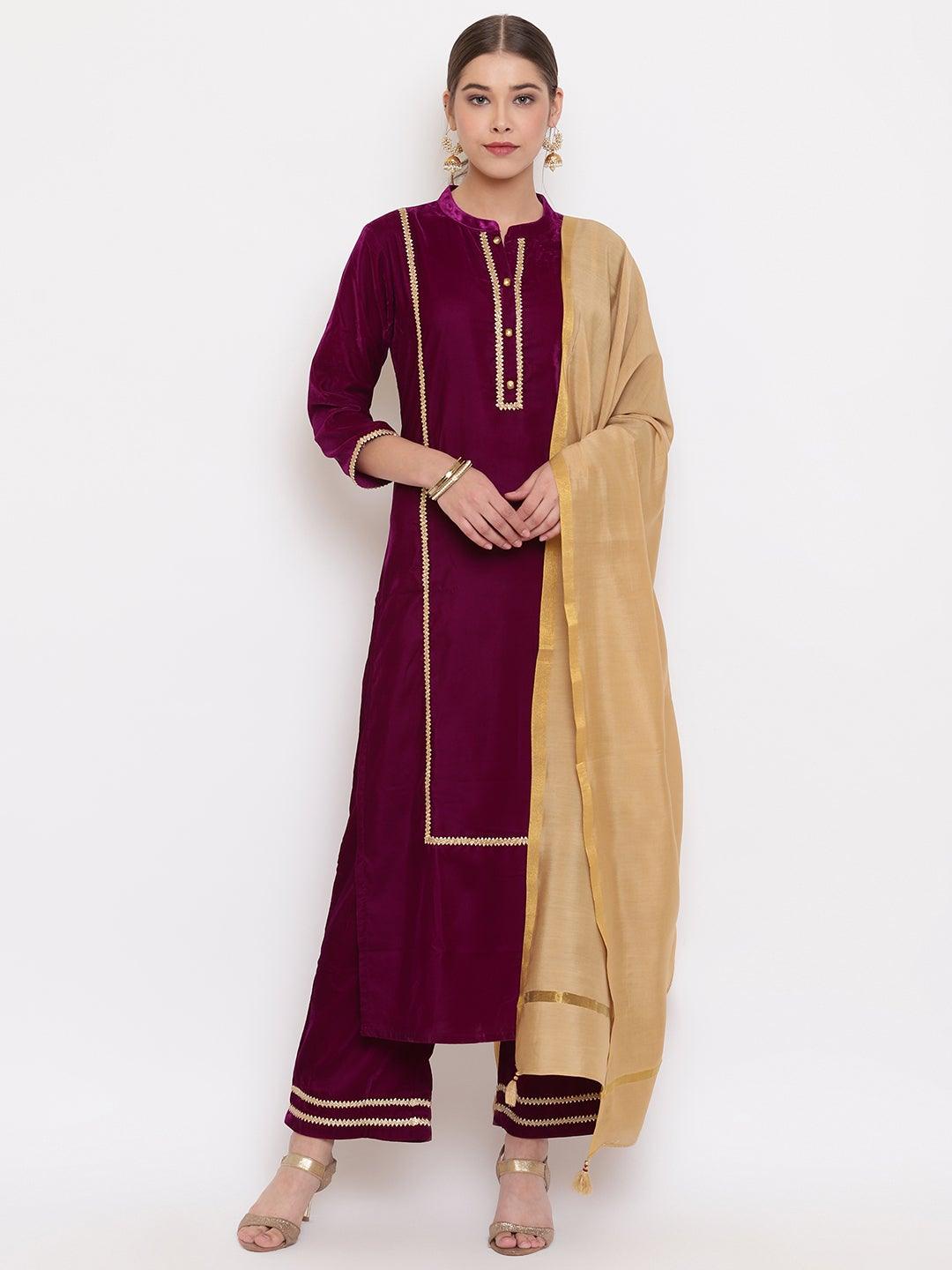Purple Velvet Kurta With Palazzo and Dupatta