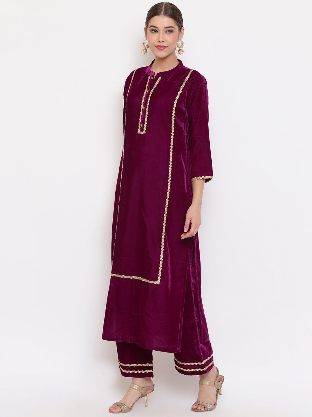 Purple Velvet Kurta With Palazzo and Dupatta