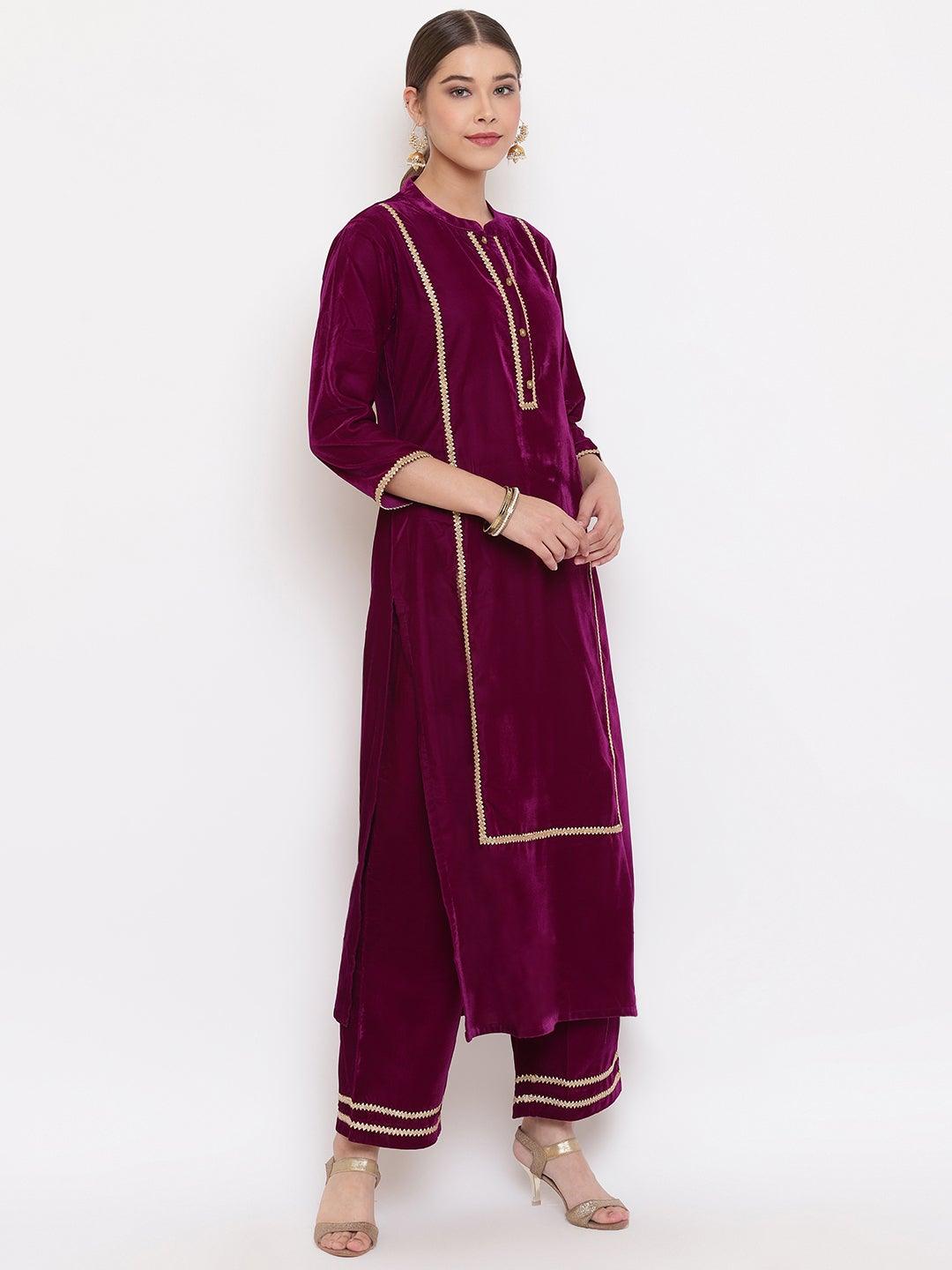Purple Velvet Kurta With Palazzo and Dupatta