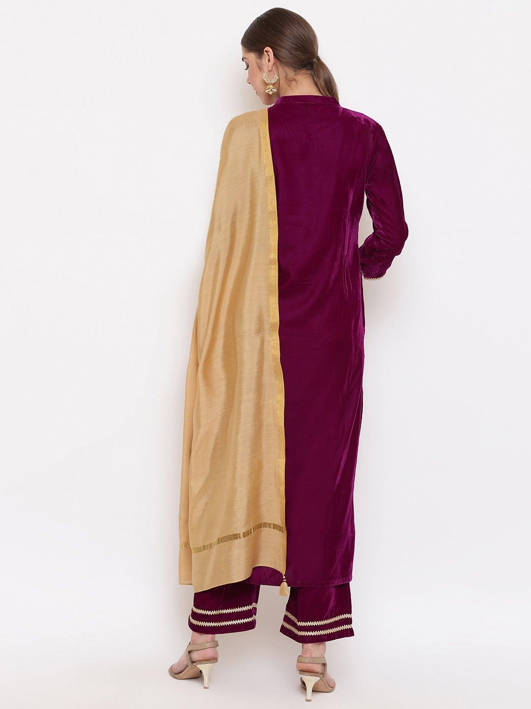 Purple Velvet Kurta With Palazzo and Dupatta