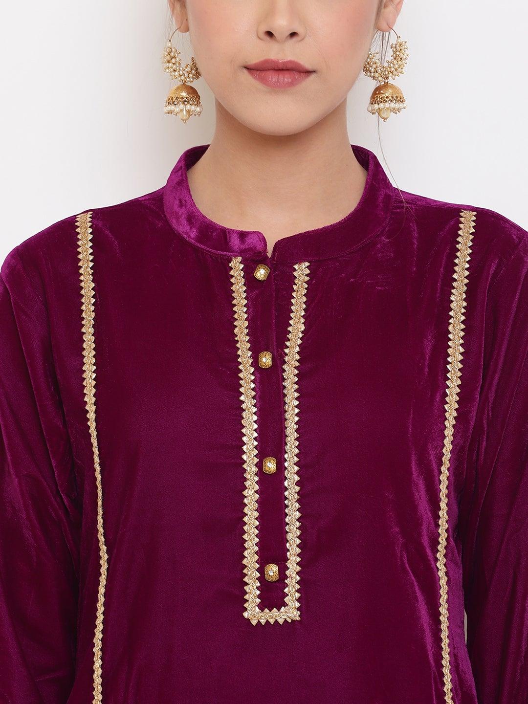 Purple Velvet Kurta With Palazzo and Dupatta