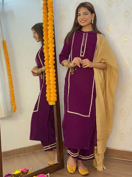 Purple Velvet Kurta With Palazzo and Dupatta