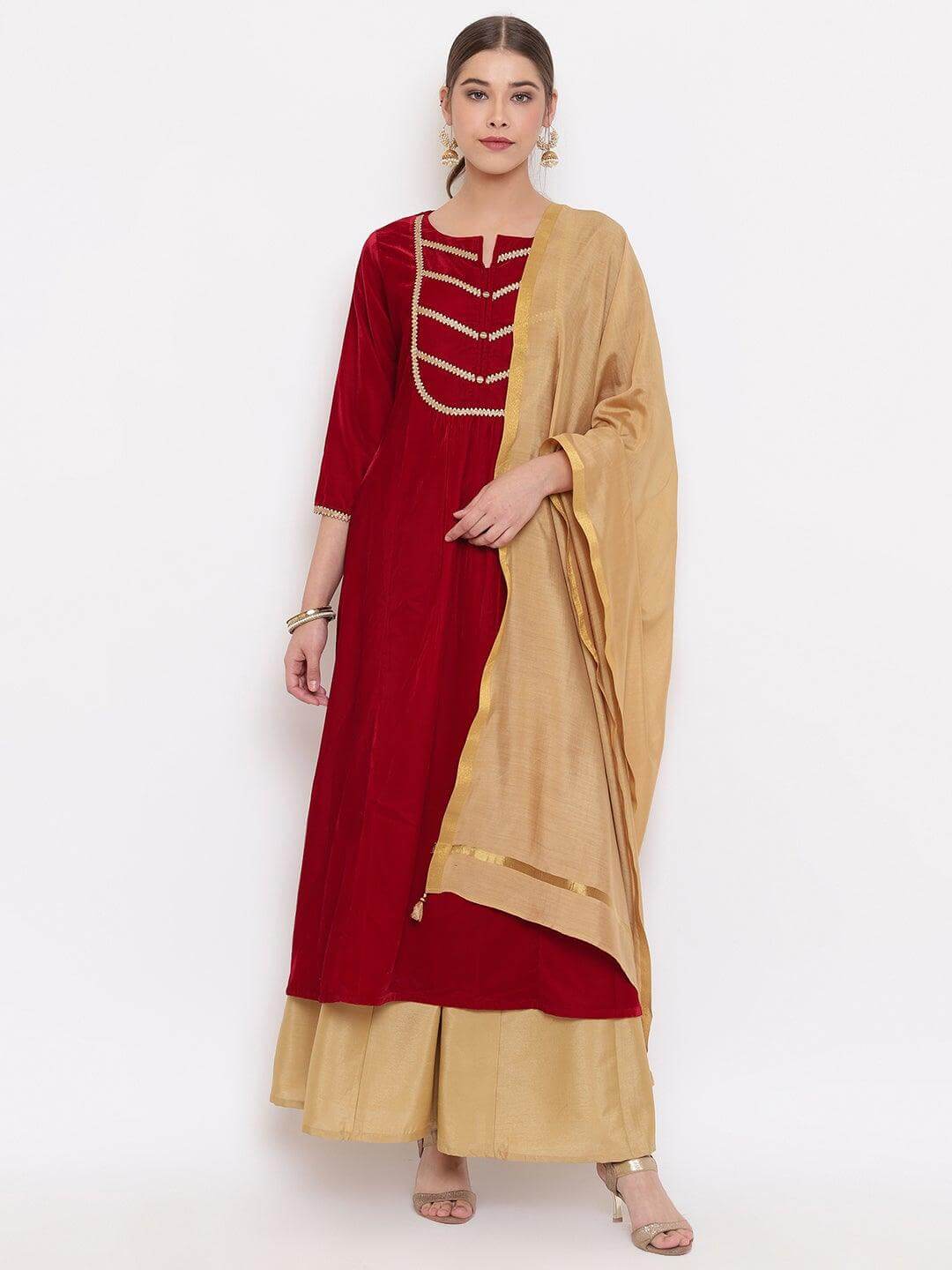 Maroon Velvet Kurta With Palazzo and Dupatta