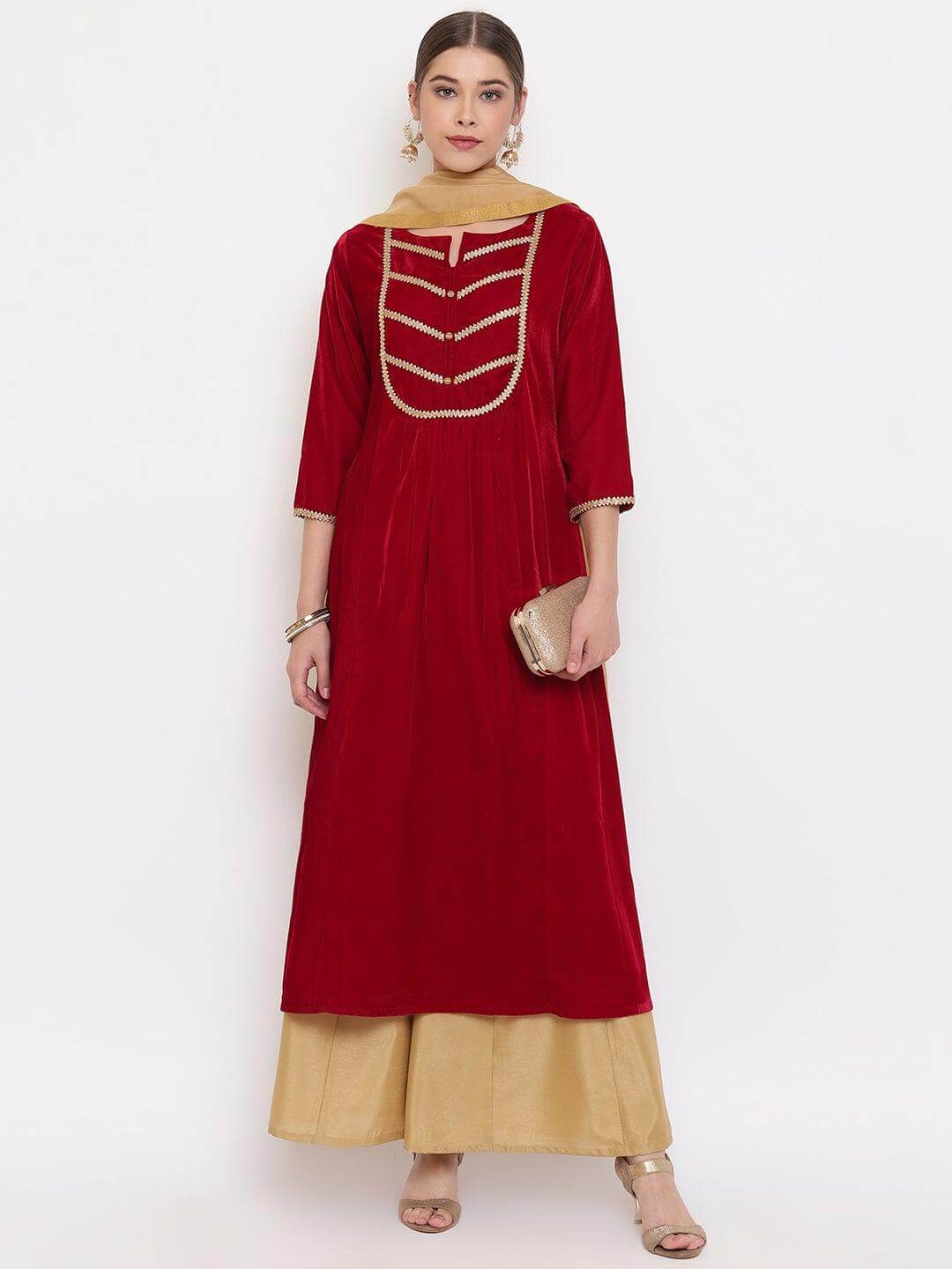 Maroon Velvet Kurta With Palazzo and Dupatta