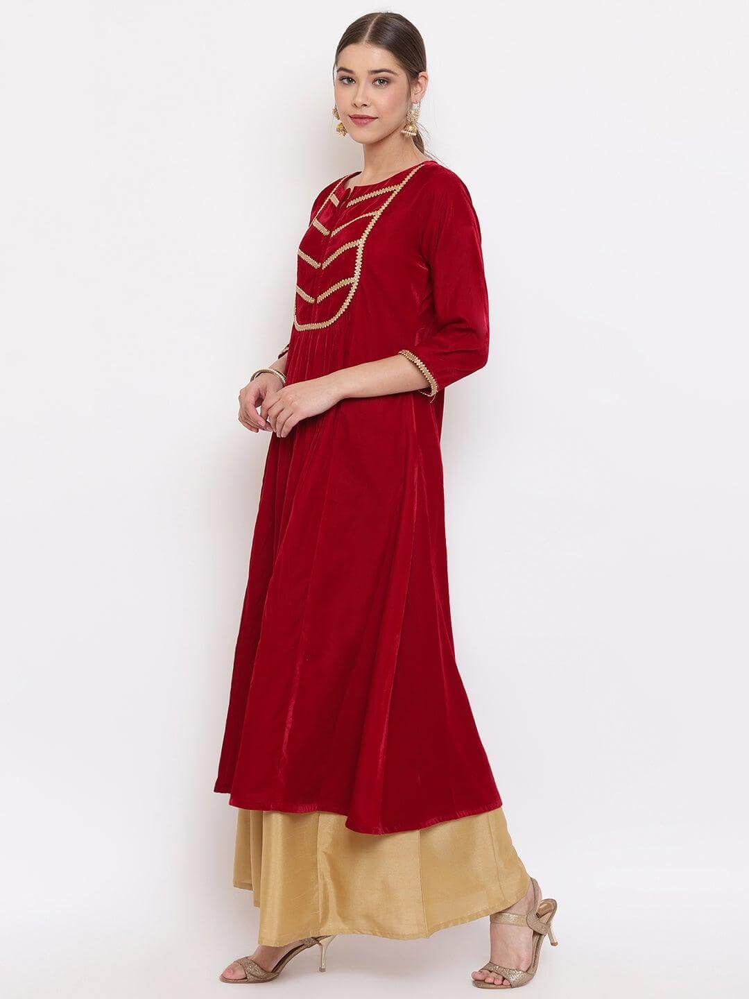 Maroon Velvet Kurta With Palazzo and Dupatta