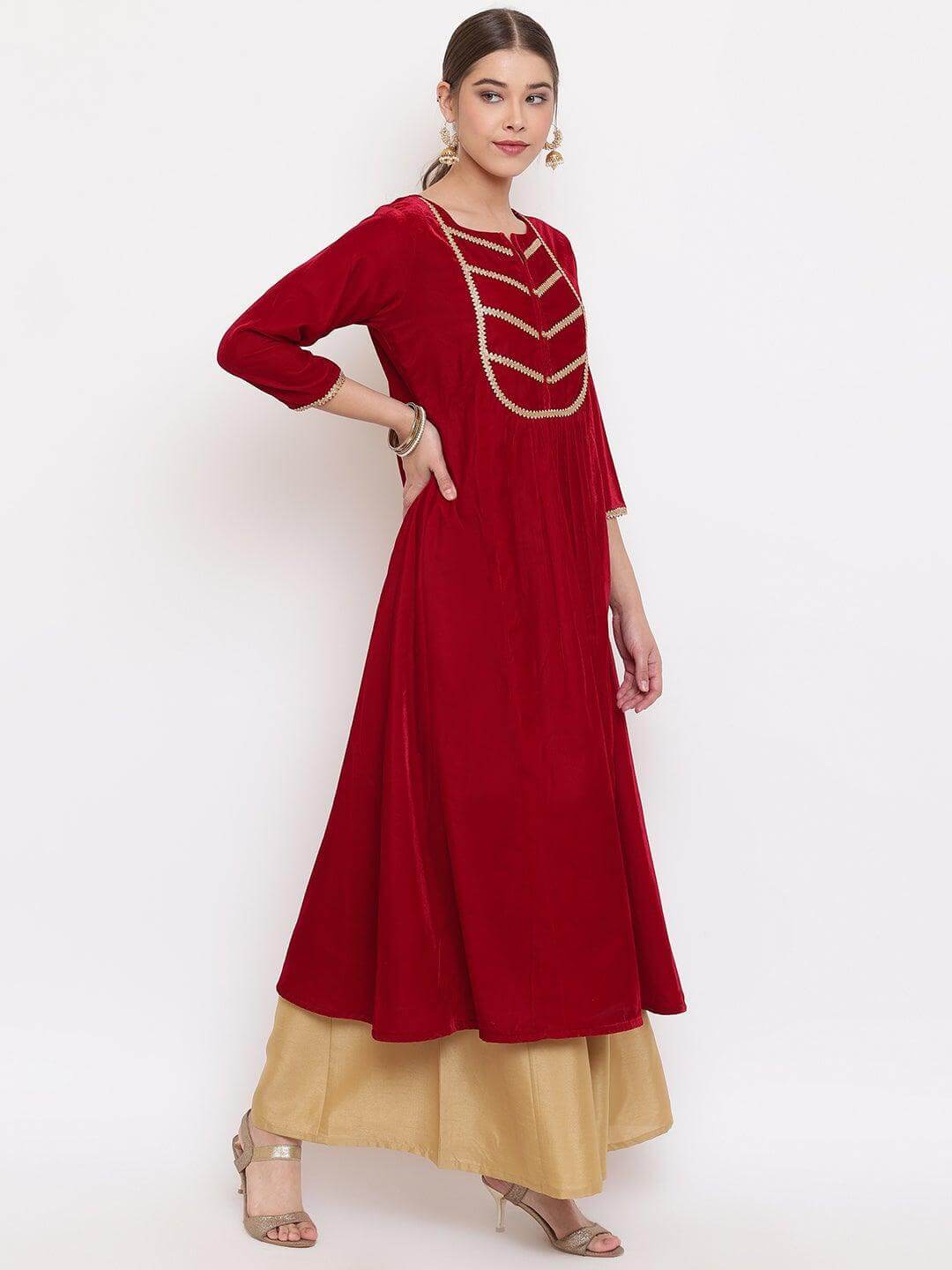 Maroon Velvet Kurta With Palazzo and Dupatta