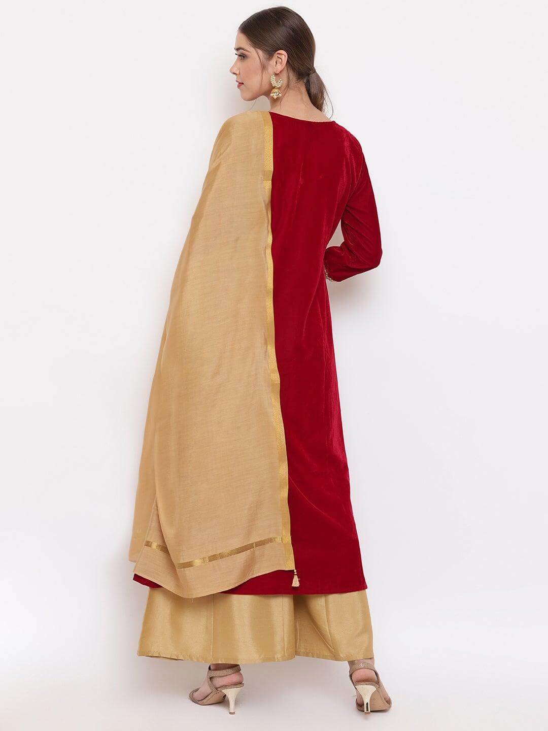 Maroon Velvet Kurta With Palazzo and Dupatta