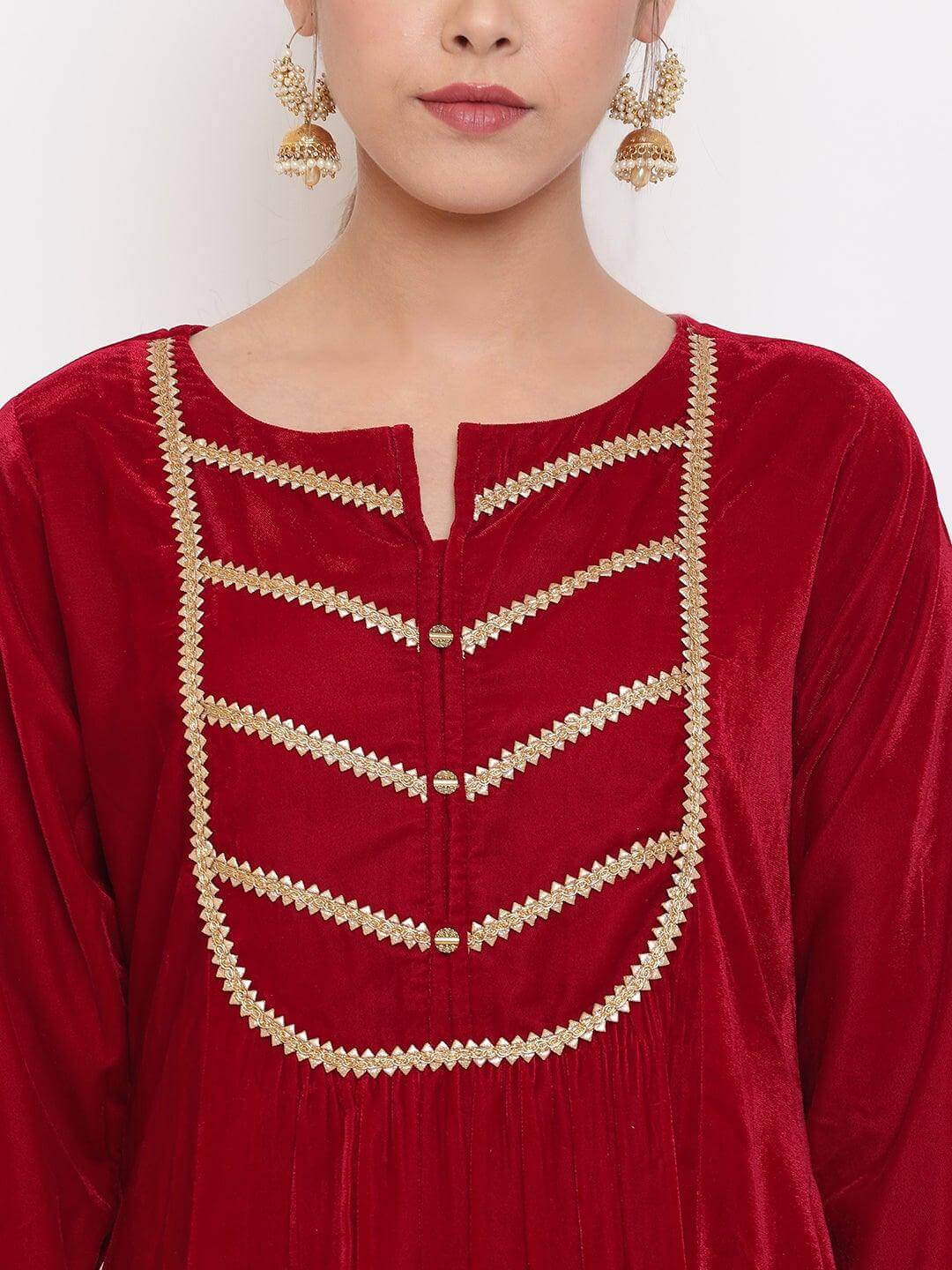 Maroon Velvet Kurta With Palazzo and Dupatta