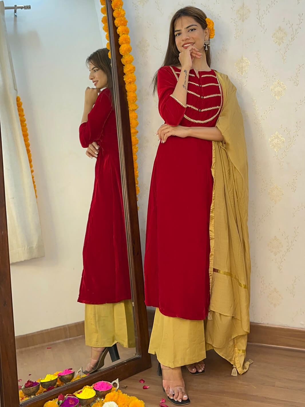 Maroon Velvet Kurta With Palazzo and Dupatta