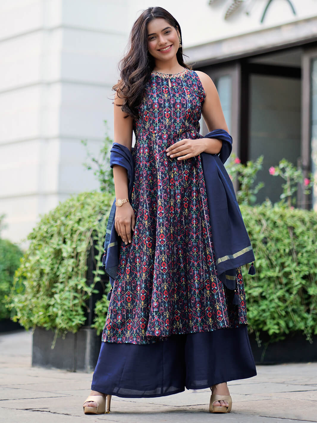 Blue Poly Muslin Embroidered Kurta with Palazzo and Dupatta