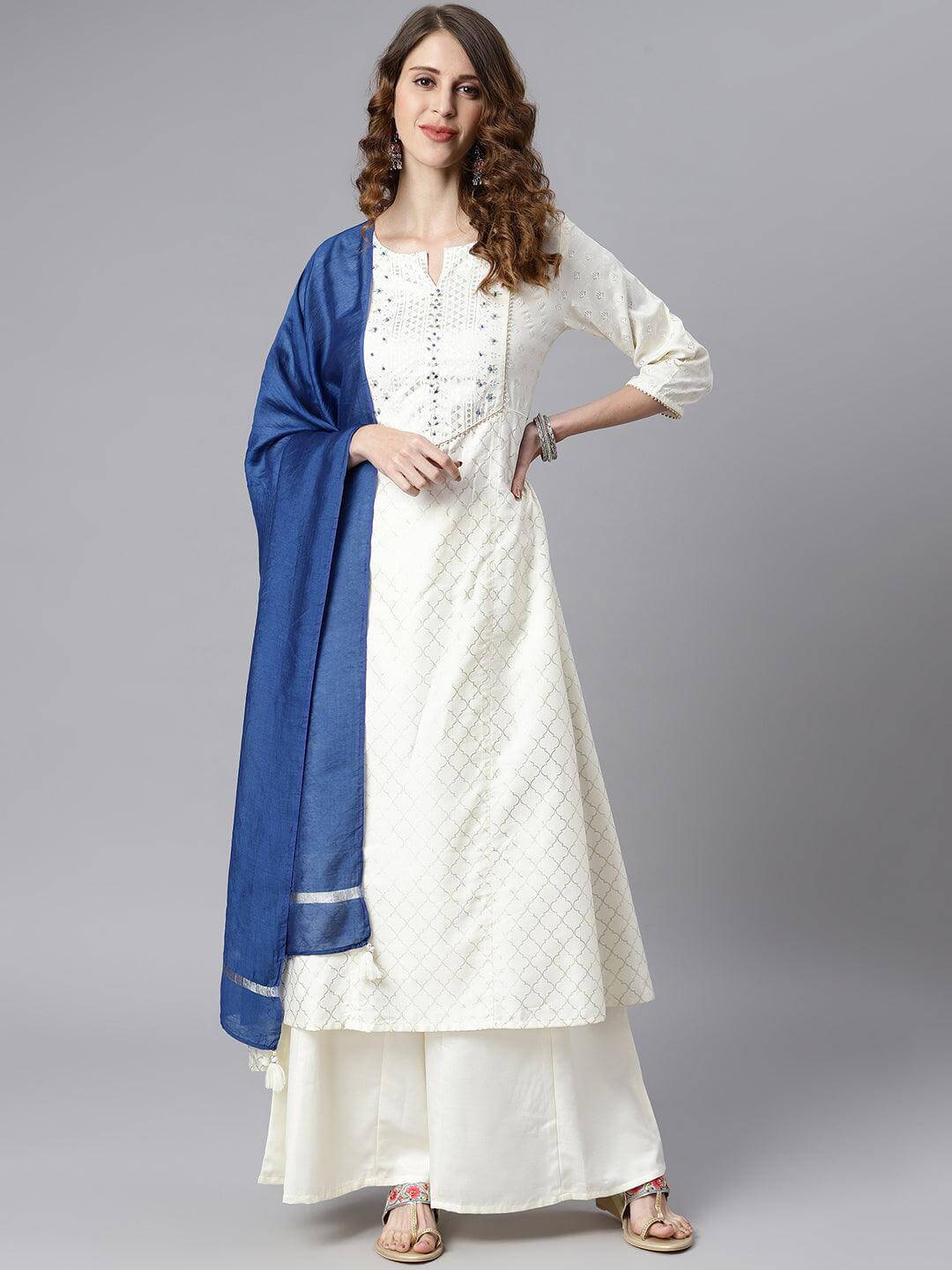 Off- White Poly Silk Ethnic Motifs Kurta with Palazzo and Dupatta