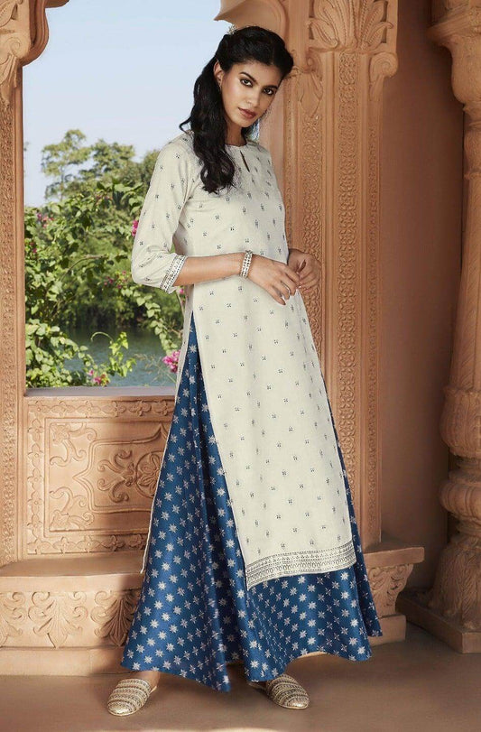 Off White Poly Silk Ethnic Motifs Flared Ethnic Dress