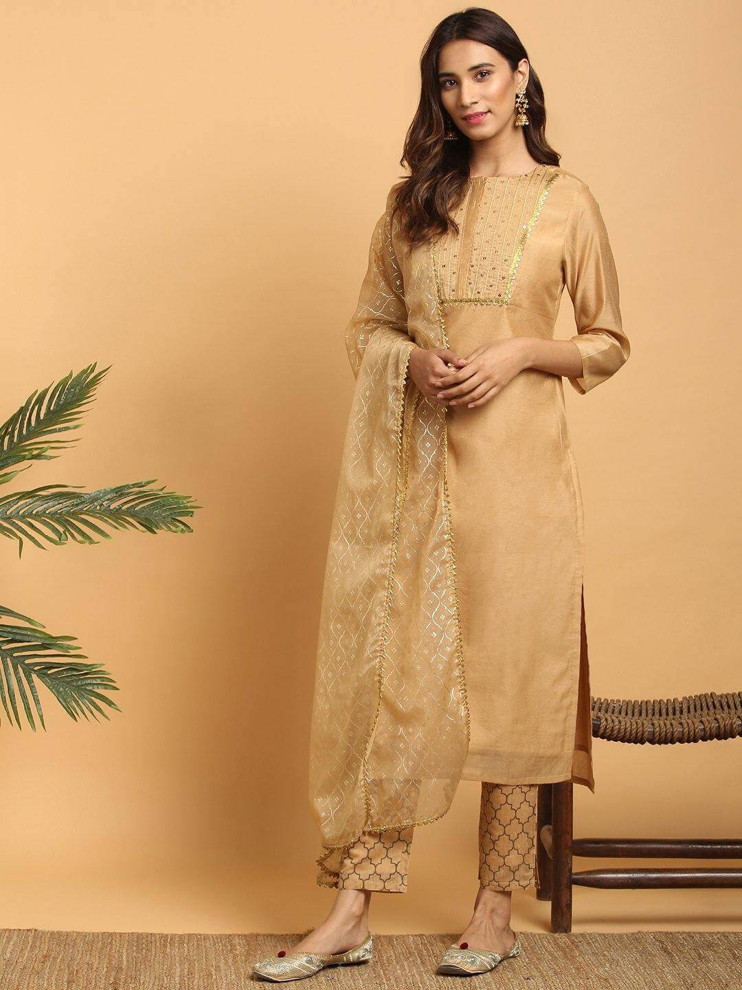 Gold Poly Chanderi Embellished Kurta with Pant and Dupatta