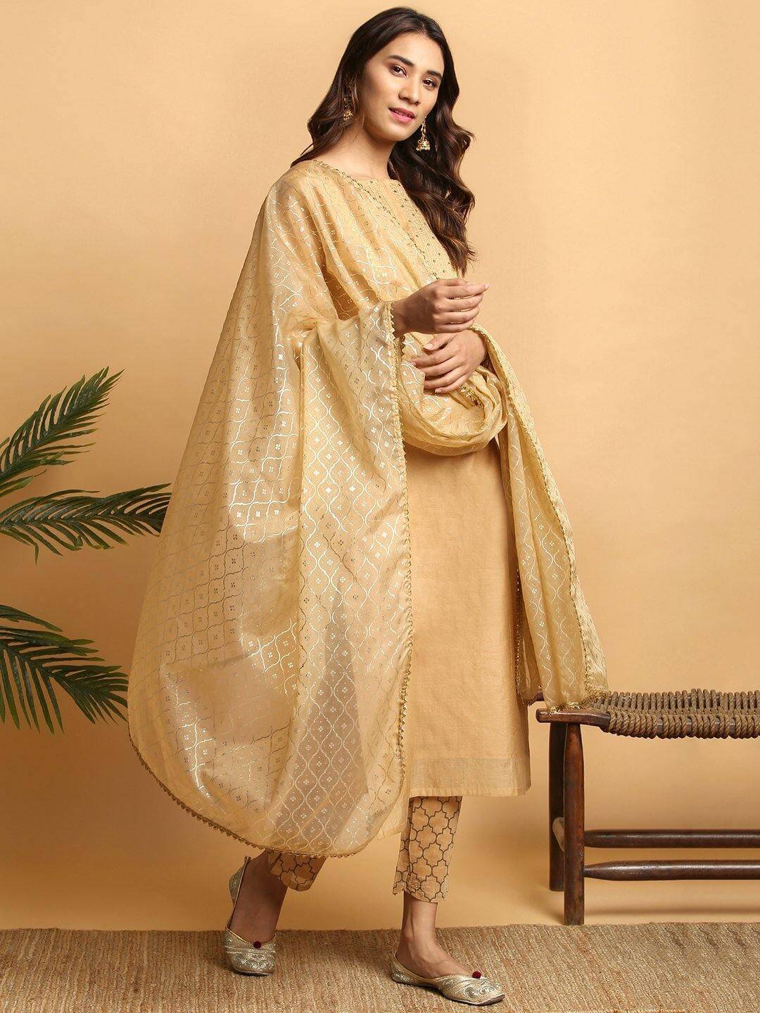 Gold Poly Chanderi Embellished Kurta with Pant and Dupatta