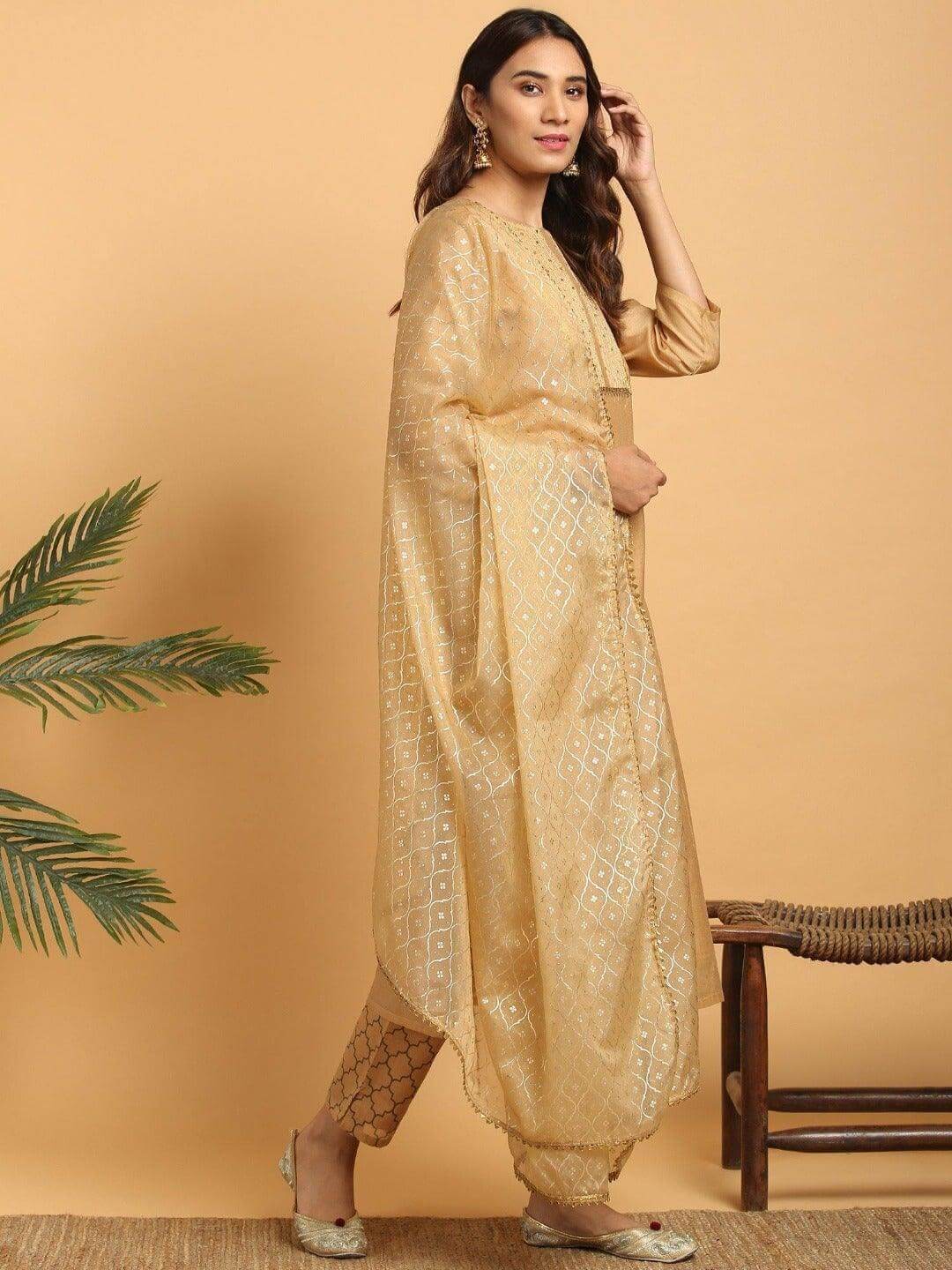 Gold Poly Chanderi Embellished Kurta with Pant and Dupatta