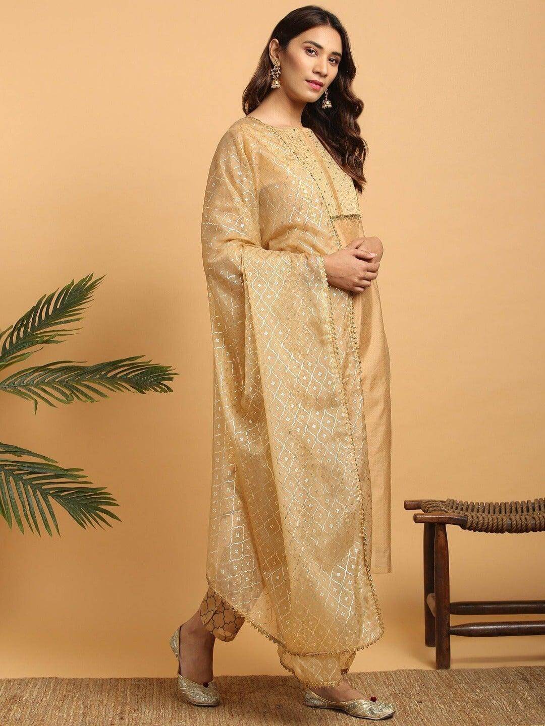Gold Poly Chanderi Embellished Kurta with Pant and Dupatta