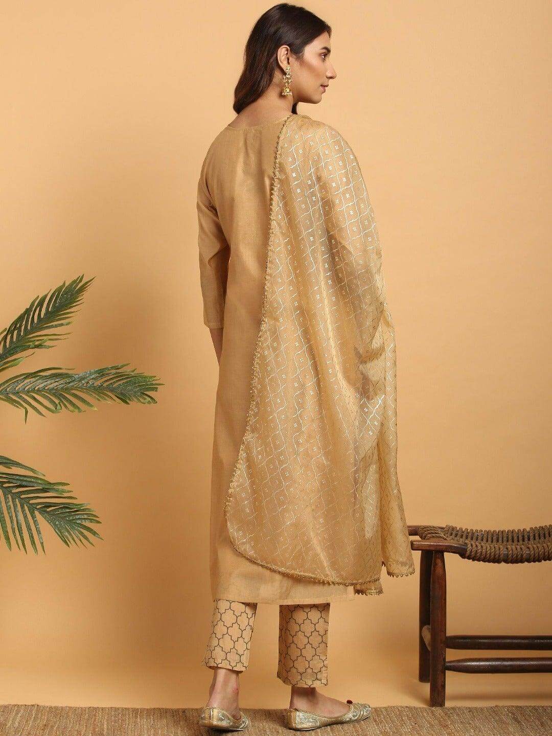 Gold Poly Chanderi Embellished Kurta with Pant and Dupatta