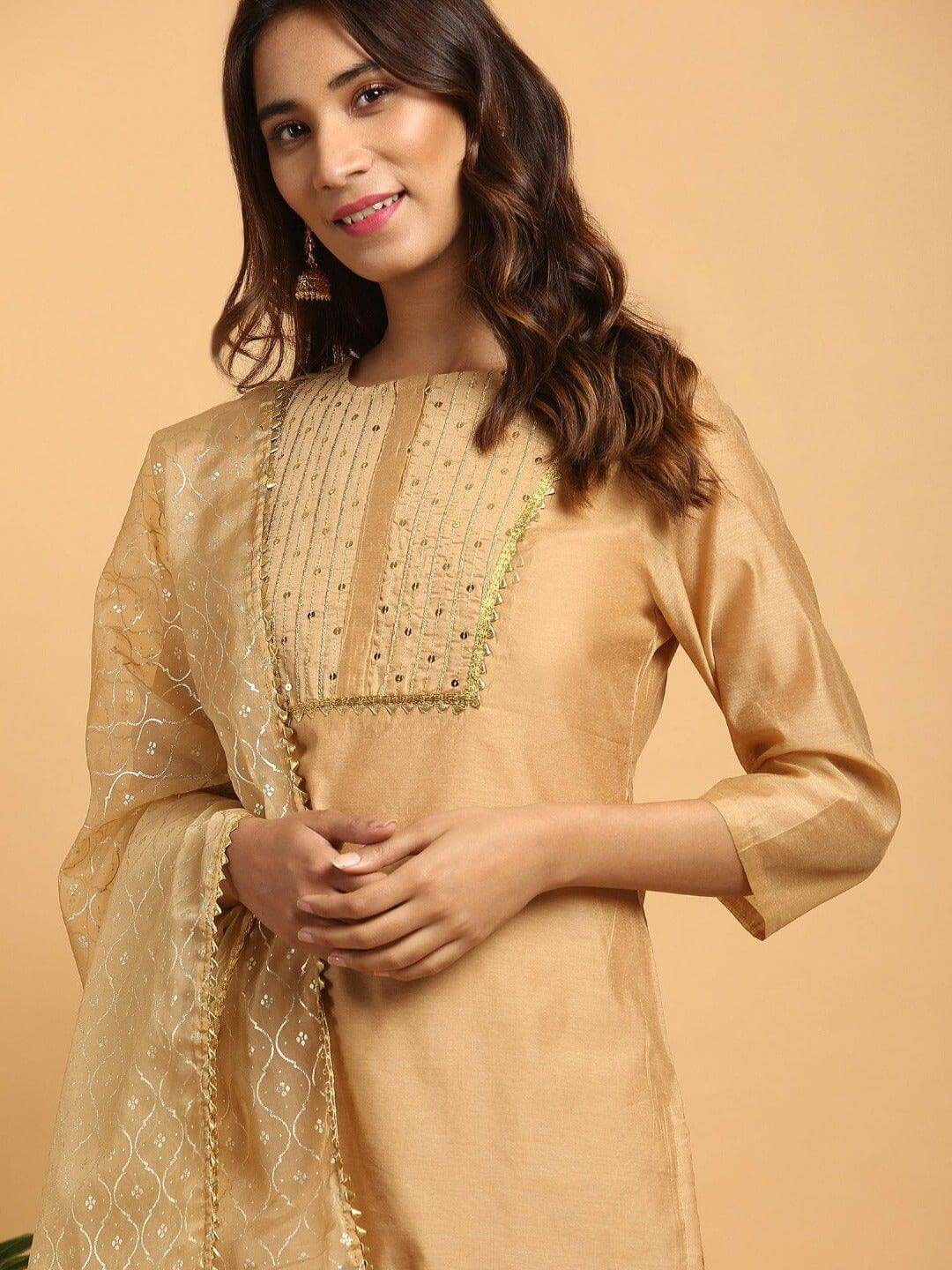 Gold Poly Chanderi Embellished Kurta with Pant and Dupatta