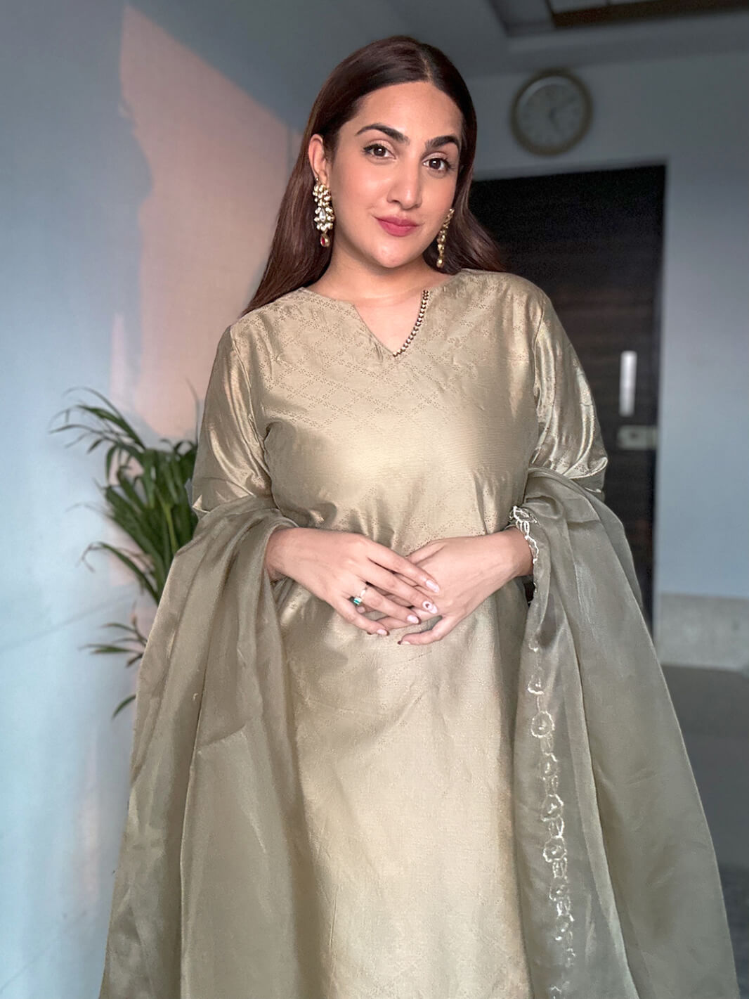 Light Brown Poly Chanderi Floral Print Kurta with Pant and Dupatta