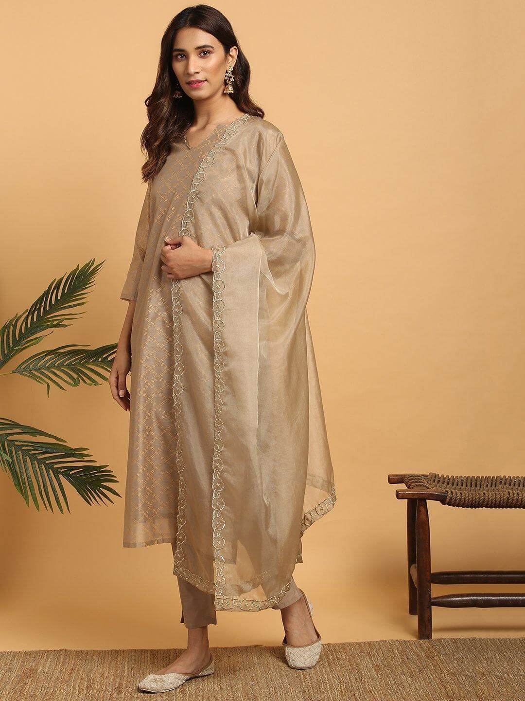 Light Brown Poly Chanderi Floral Print Kurta with Pant and Dupatta