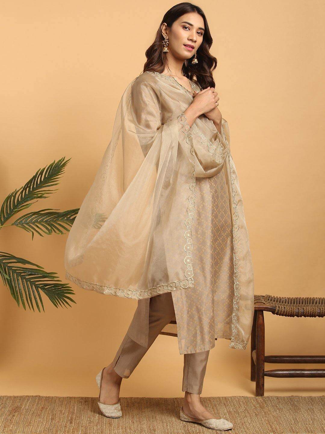 Light Brown Poly Chanderi Floral Print Kurta with Pant and Dupatta
