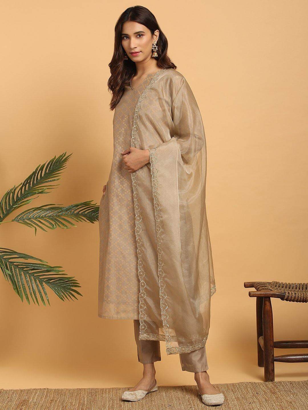 Light Brown Poly Chanderi Floral Print Kurta with Pant and Dupatta
