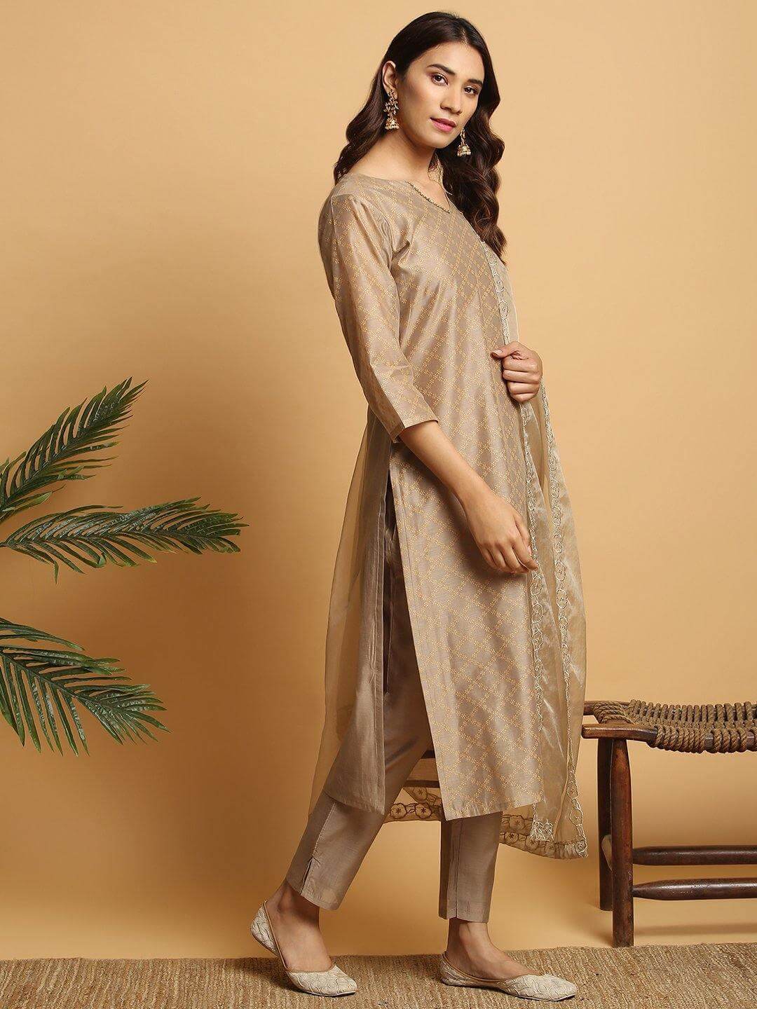 Light Brown Poly Chanderi Floral Print Kurta with Pant and Dupatta
