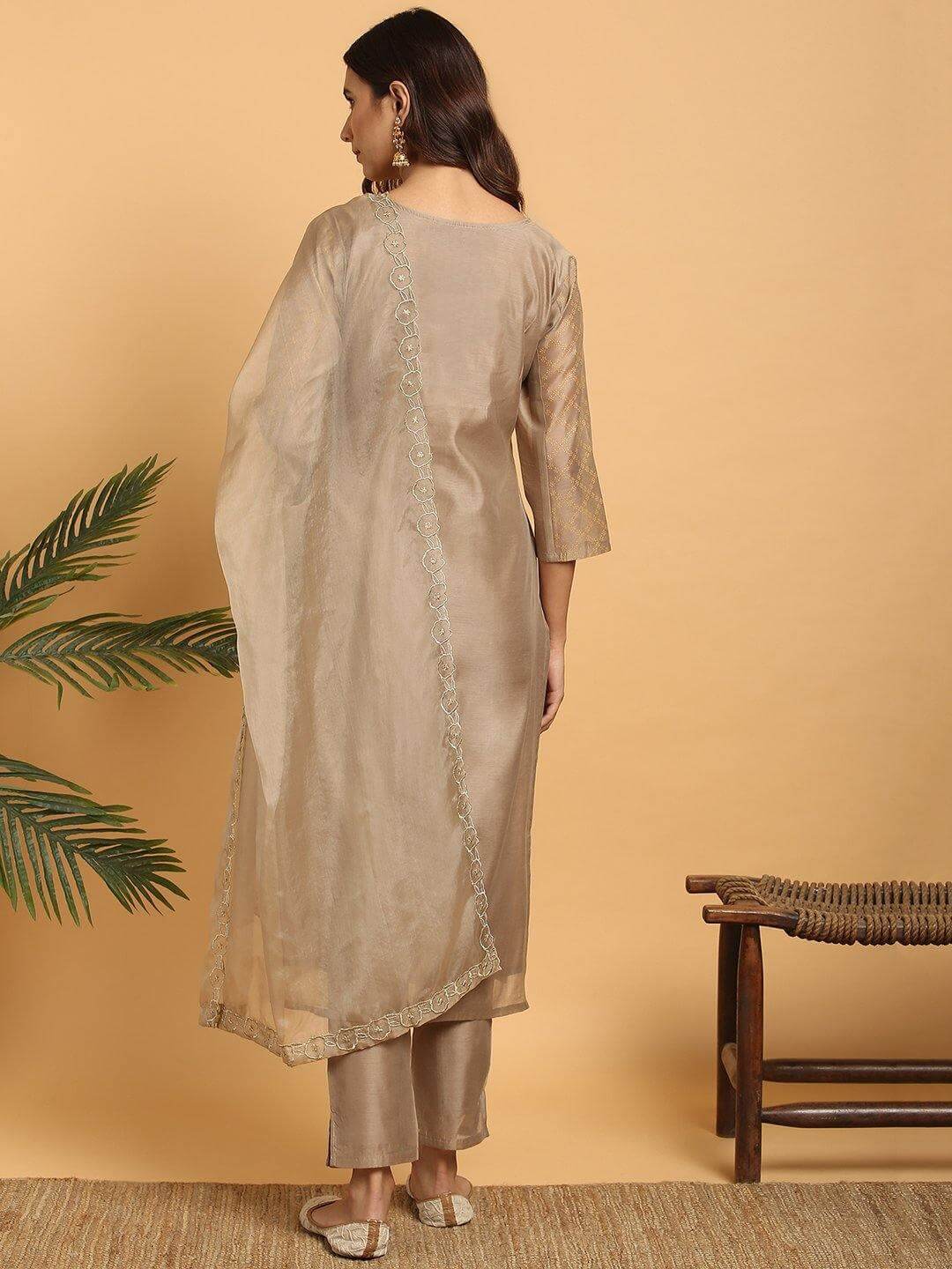 Light Brown Poly Chanderi Floral Print Kurta with Pant and Dupatta