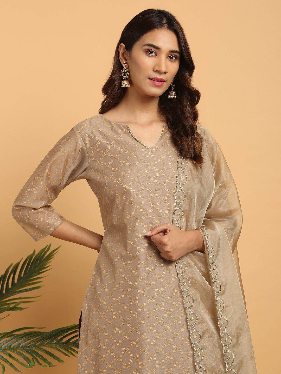 Light Brown Poly Chanderi Floral Print Kurta with Pant and Dupatta