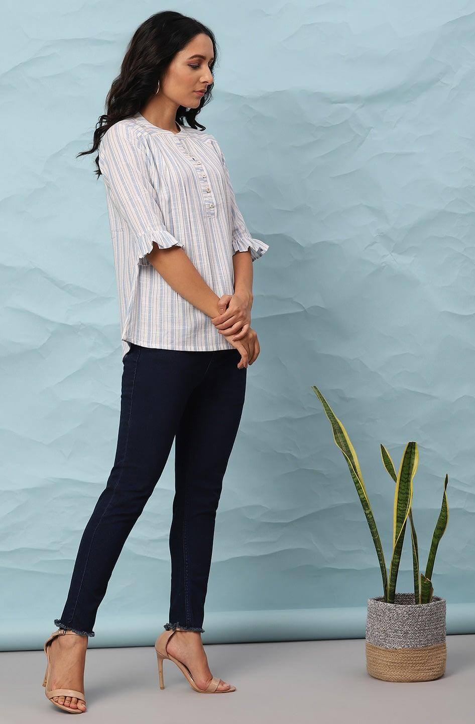 White Cotton Slub Striped Straight Top