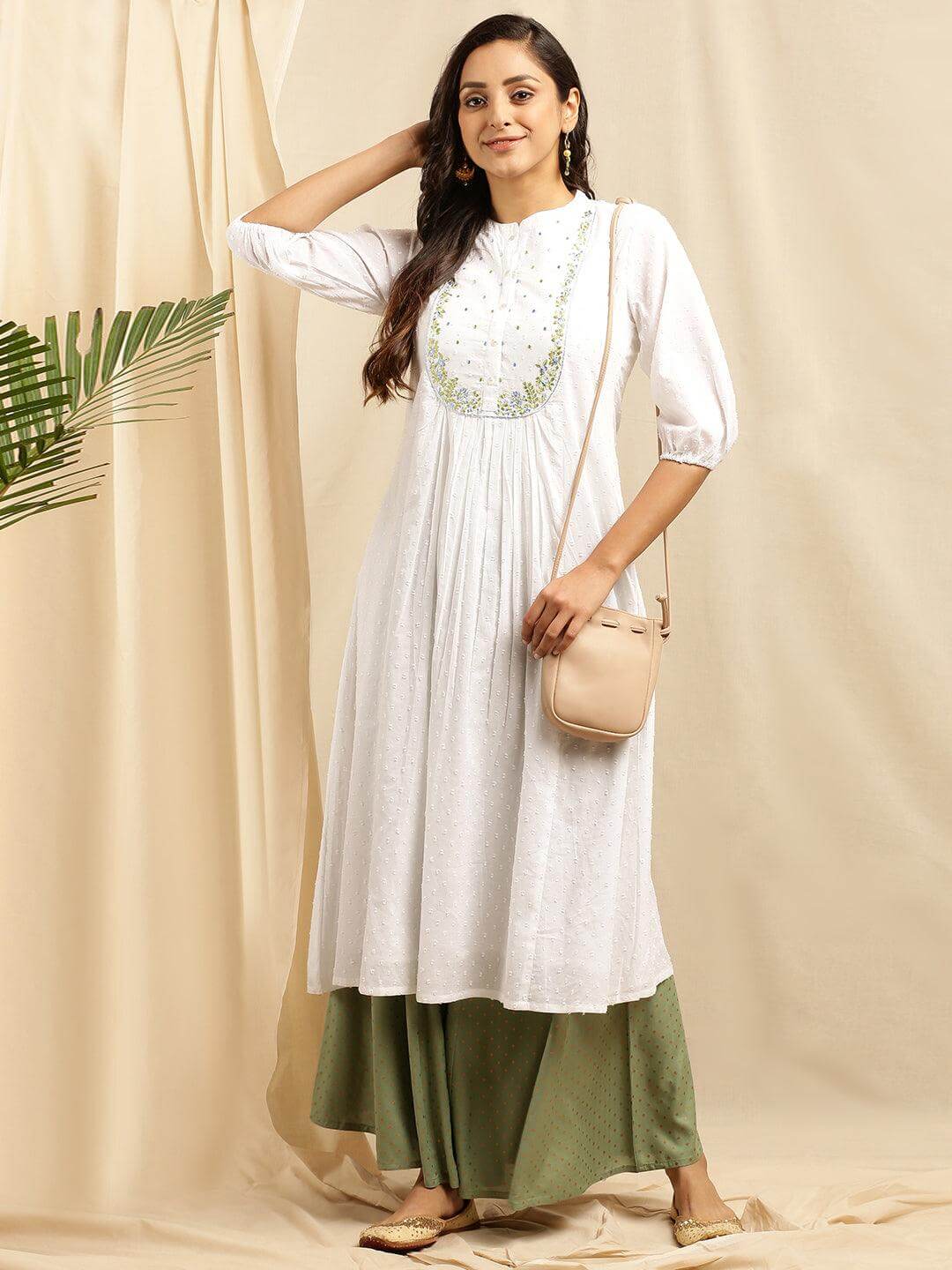 White Cotton Embroidered Flared Kurta