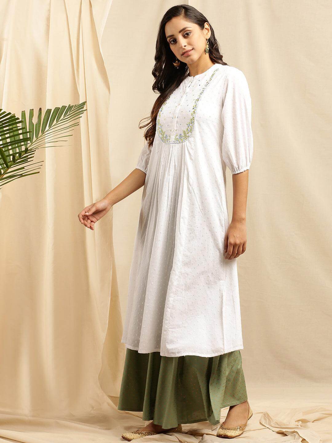 White Cotton Embroidered Flared Kurta