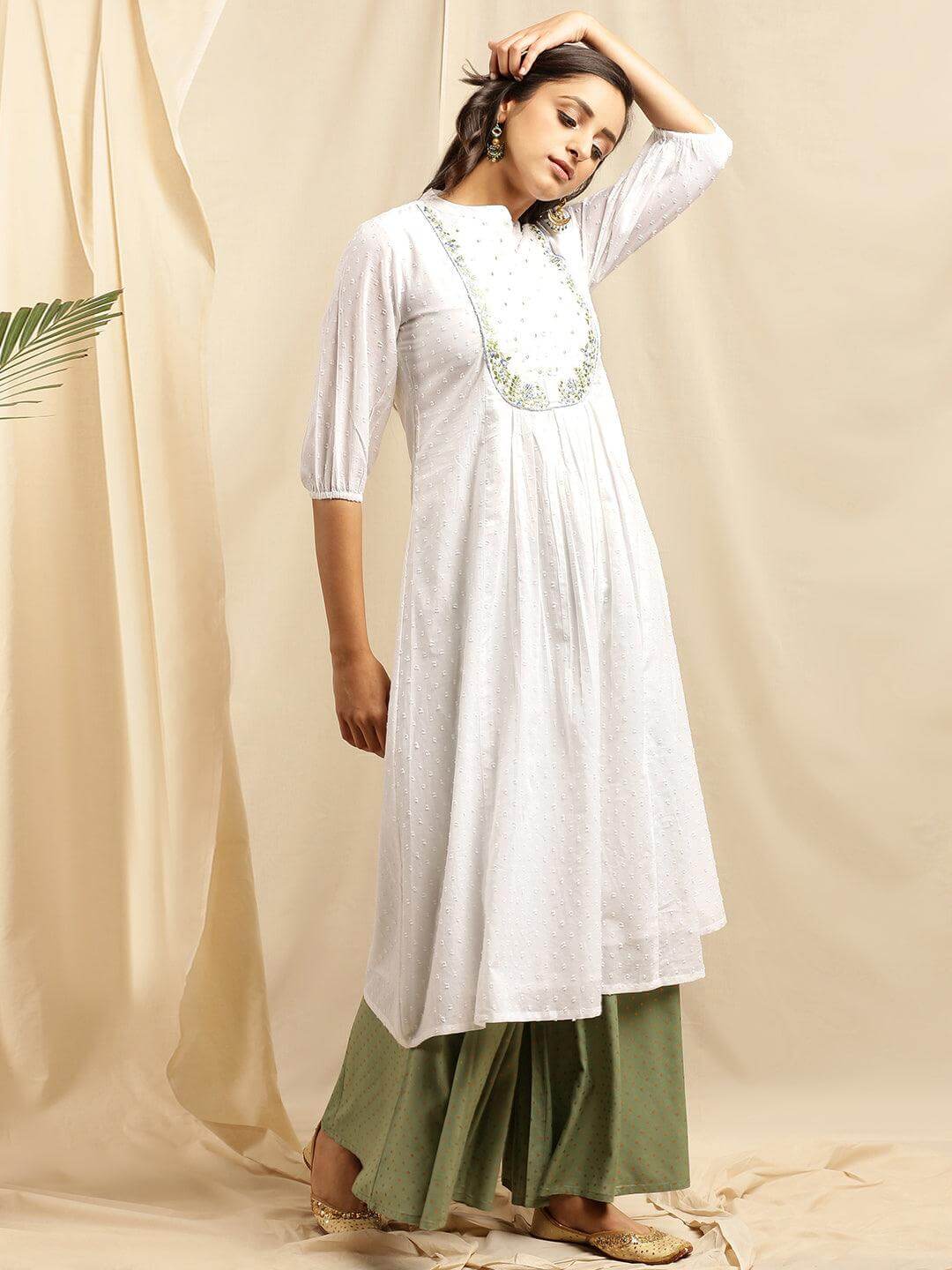 White Cotton Embroidered Flared Kurta