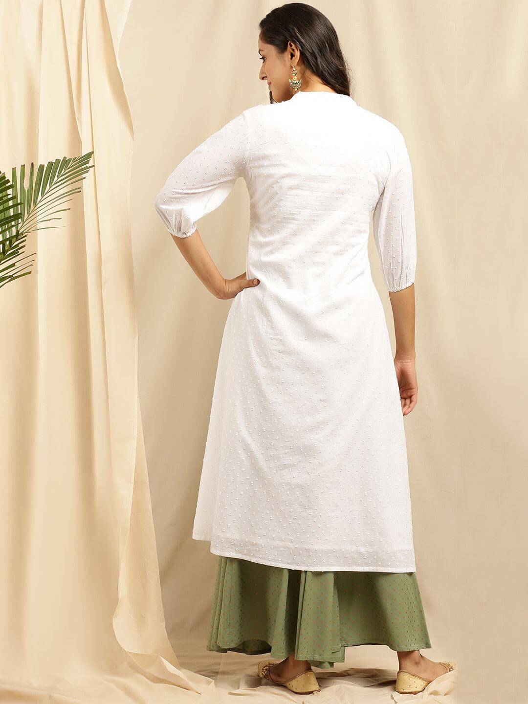 White Cotton Embroidered Flared Kurta