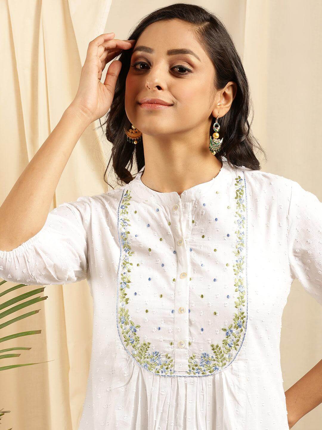 White Cotton Embroidered Flared Kurta