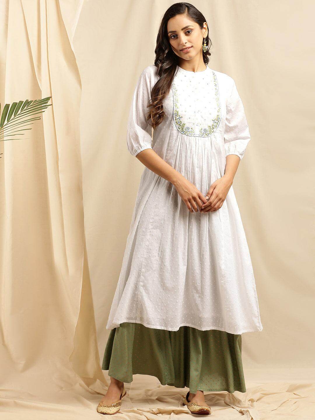 White Cotton Embroidered Flared Kurta