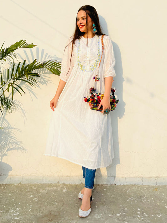 White Cotton Embroidered Flared Kurta