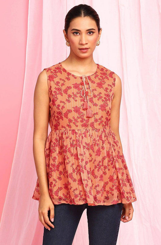 Orange Poly Georgette Floral Print Regular Top