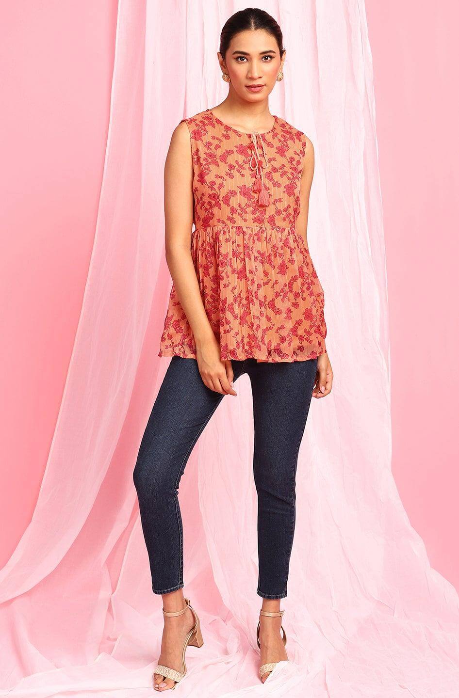 Orange Poly Georgette Floral Print Regular Top