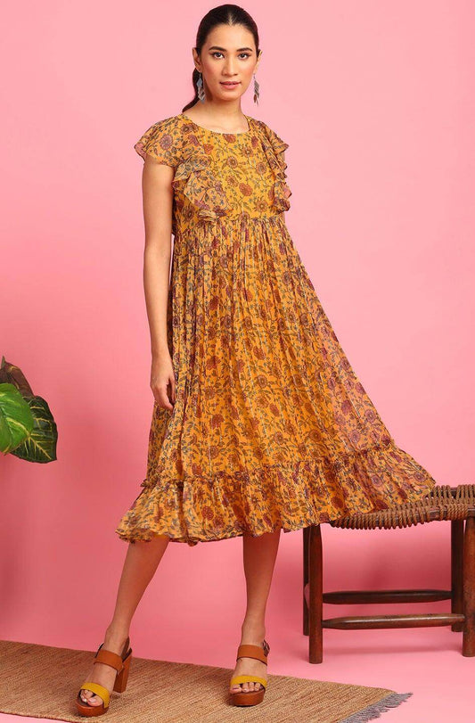 Mustard Poly Georgette Floral Flared Western Dress