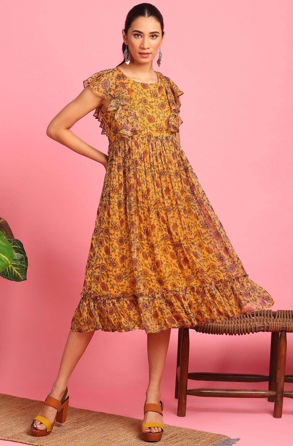 Mustard Poly Georgette Floral Flared Western Dress