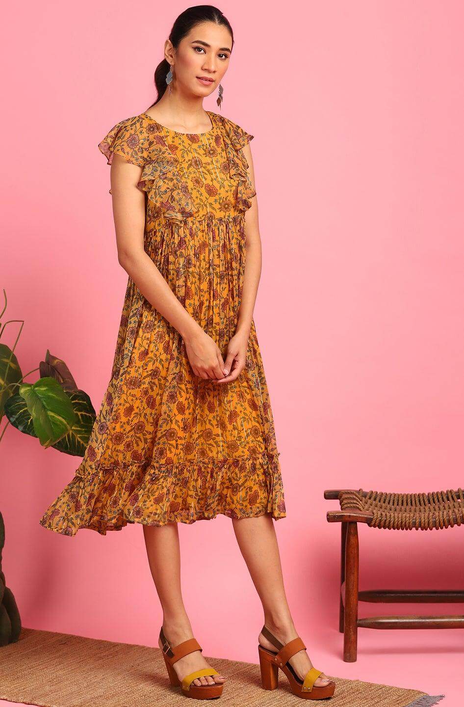 Mustard Poly Georgette Floral Flared Western Dress